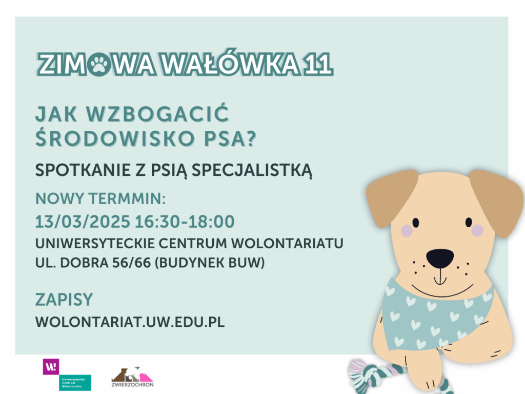 Plakat promujący spotkanie Jak wzbogacić środowisko psa?
Informacje znajdujące się na plakacie są w treści ogłoszenia.