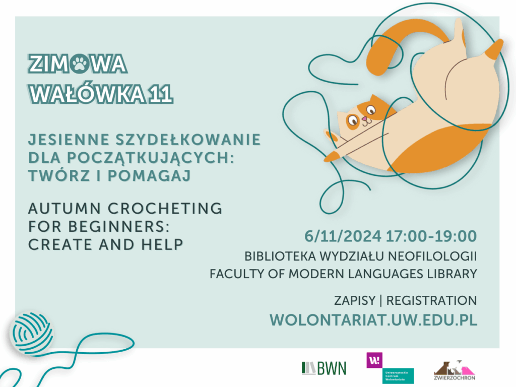 Grafika promująca jesienne szydełkowanie dla początkujących z rysunkiem uśmiechniętego kota zaplątanego we włóczkę. Informacje z grafiki znajdują się w treści ogłoszenia.