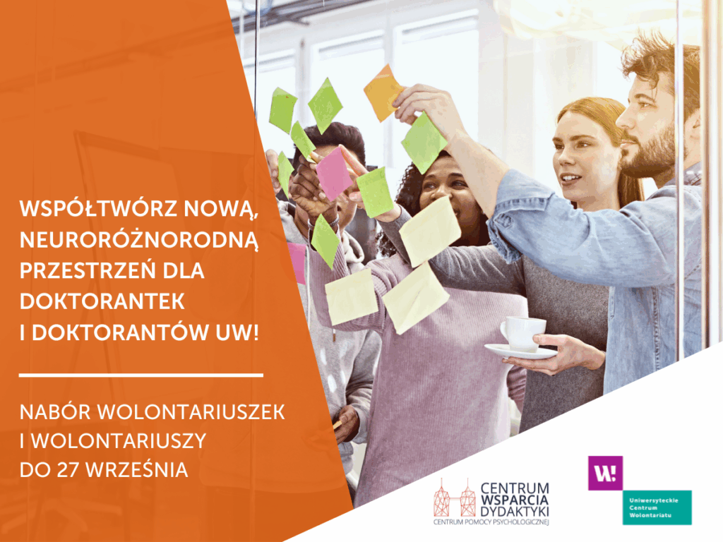 Grafika promująca nabór wolontariuszy do Klubu dla neuroróżnorodnych doktorantek i doktorantów ze zdjęciem czterech osób przyklejających samoprzylepne kartki na tablicy prawdopodobnie w trakcie burzy mózgów. Informacje z grafiki znajdują się w treści ogłoszenia.