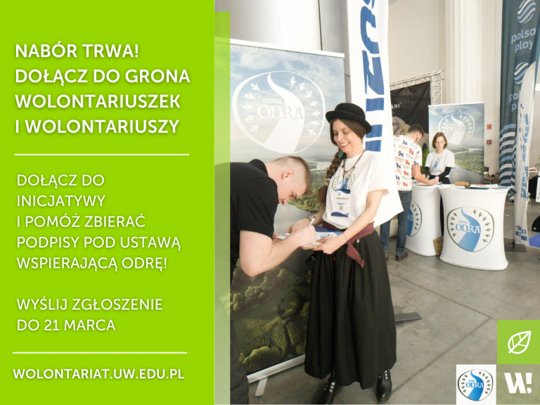 Grafika promująca nabór wolontariuszy do akcji na rzecz ochrony rzeki Odry ze uśmiechniętej wolontariuszki zbierającej podpis, w tle plakaty promujące inicjatywę. Informacje z grafiki znajdują się w treści ogłoszenia.