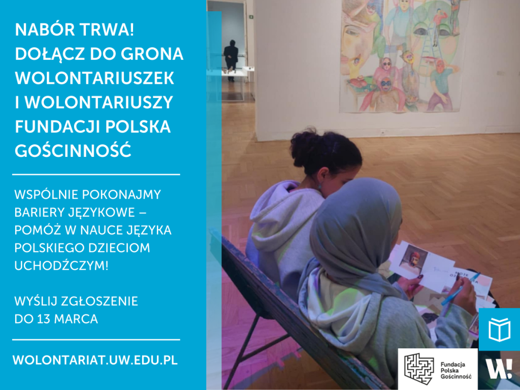Grafika promująca nabór wolontariuszy do Fundacji Polska Gościnność ze zdjęciem dwóch dziewczynek notujących coś. Informacje z grafiki znajdują się w treści ogłoszenia.