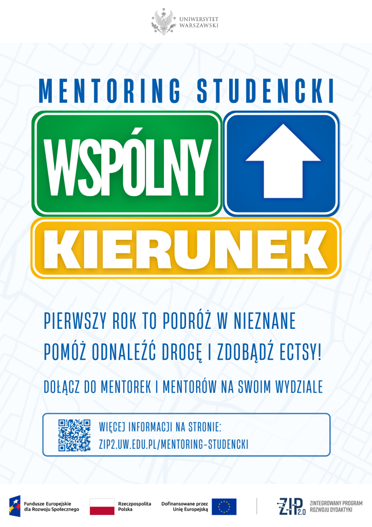 Plakat promujący program Wspólny Kierunek - Mentoring Studencki. Informacje znajdujące się na plakacie znajdują się również w treści ogłoszenia.